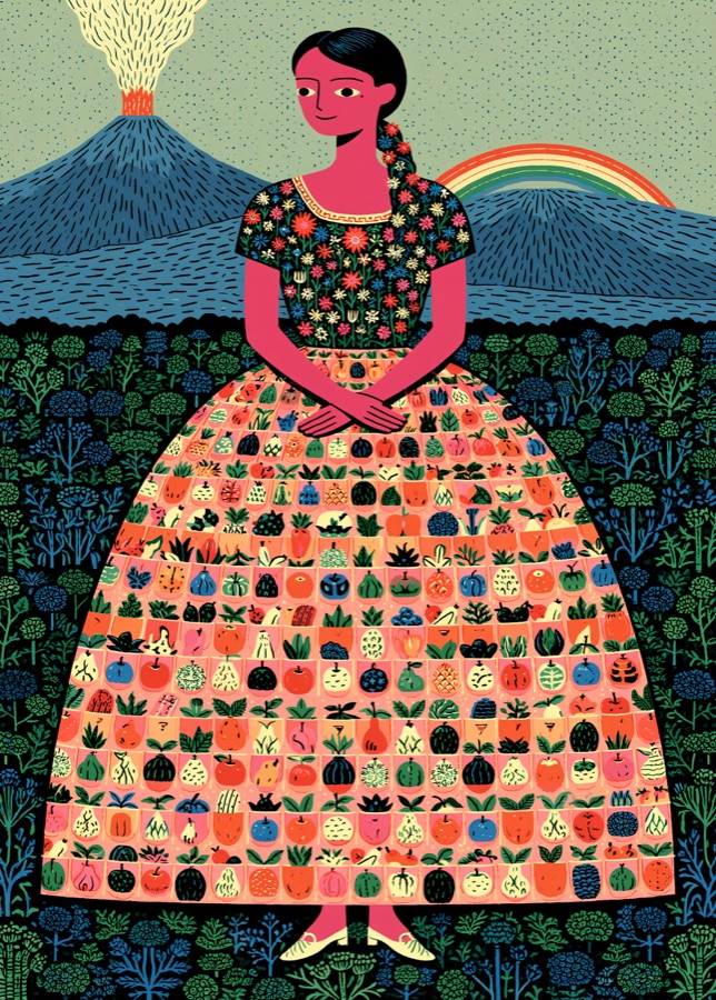 A figure in a fruit-patterned skirt standing before a volcano and rainbow