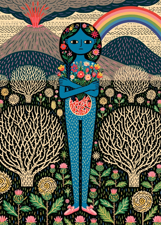 A blue figure holding flowers among pale branching plants beneath a rainbow and volcano