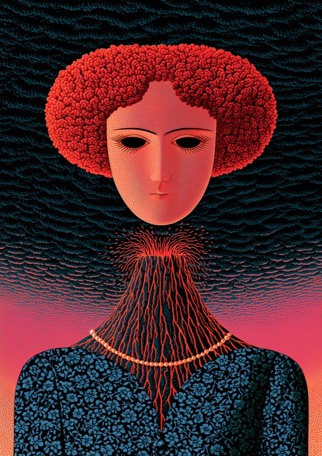 An orange-red portrait with textured hair, a branching neck, and a dark floral garment