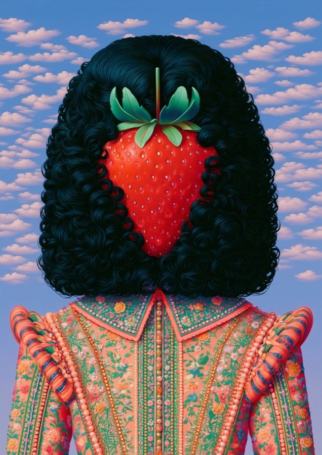 A strawberry-faced portrait with dark curls and ornate floral clothing against a cloud-filled sky